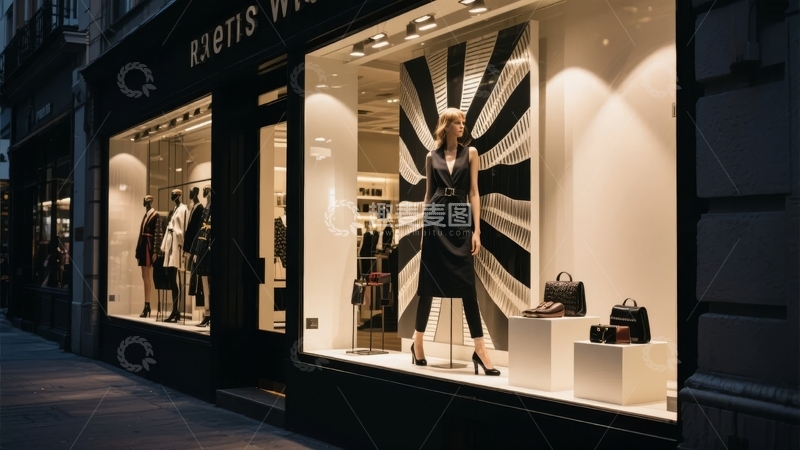 高清大图下载【趣麦麦图】夜晚时尚店铺橱窗展示模特与服饰