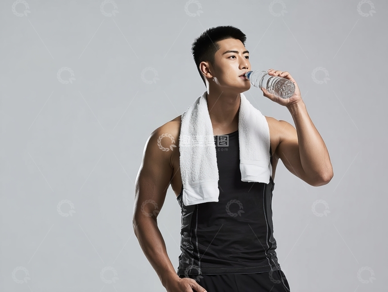 高清大图下载【趣麦麦图】健身男子喝水休息肩搭毛巾
