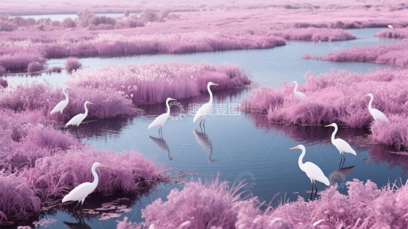 高清大图下载【趣麦麦图】粉紫色芦苇丛中白鹭悠然栖息于水面