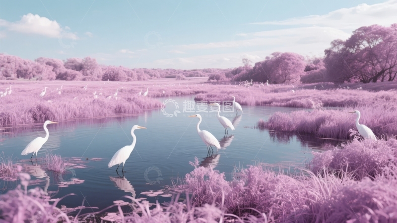 高清大图下载【趣麦麦图】紫粉色芦苇丛中的白鹭群栖息于静谧水面