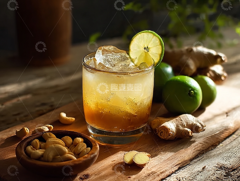 高清大图下载【趣麦麦图】一杯加冰柠檬姜汁饮品搭配坚果和青柠