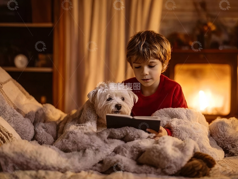 高清大图下载【趣麦麦图】男孩与小狗在温暖灯光下共读