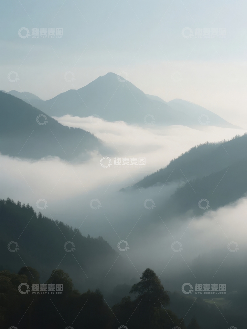 高清大图下载【趣麦麦图】云雾缭绕的山峦在晨光中若隐若现