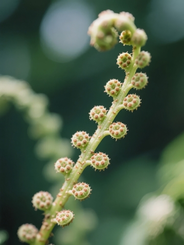 植物茎上螺旋状排列的绿色花苞特写