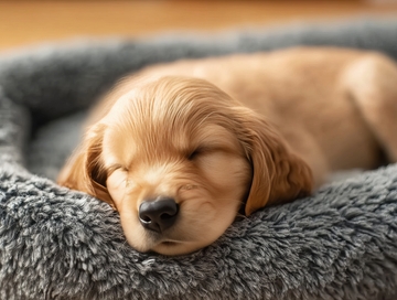 金毛幼犬在灰色绒毯上安睡