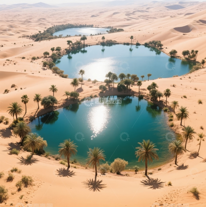 高清大图下载【趣麦麦图】沙漠绿洲湖泊与棕榈树的壮丽航拍景象