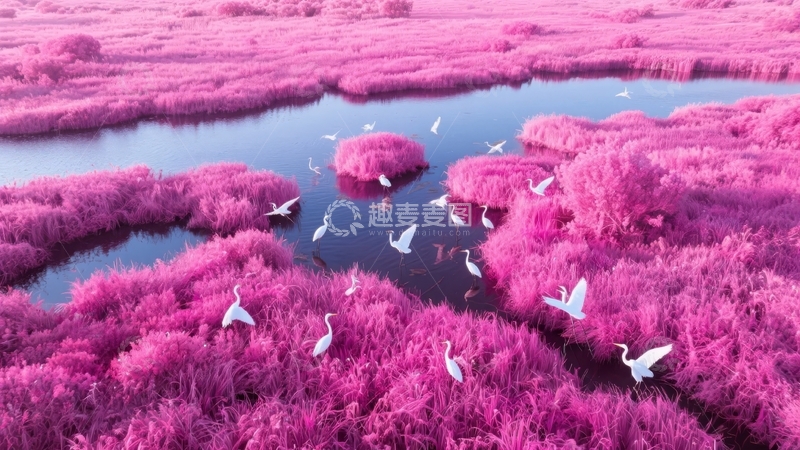 高清大图下载【趣麦麦图】粉红色湿地中白鹭飞翔的空中俯瞰景象
