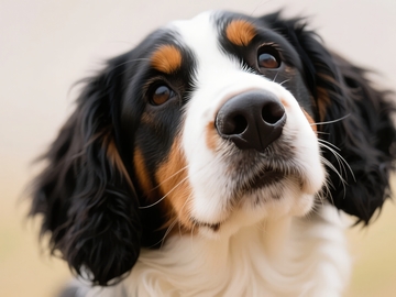 一只黑棕白相间的狗抬头凝视