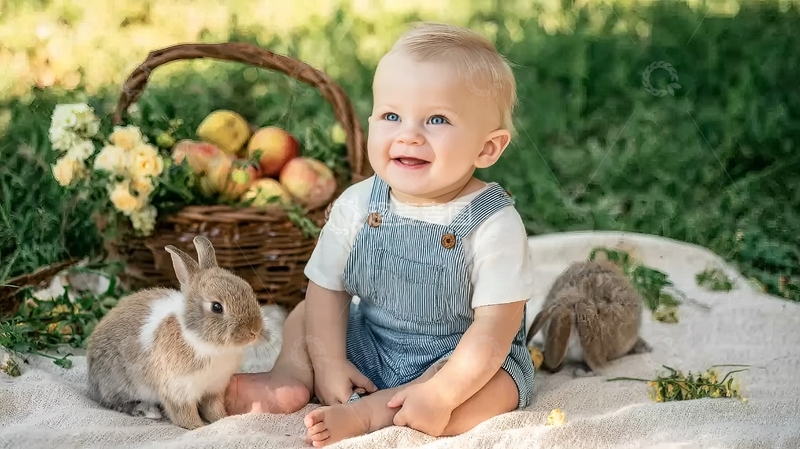 高清大图下载【趣麦麦图】婴儿与兔子在户外草地上微笑