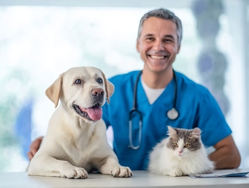 兽医与宠物狗猫在诊所内微笑合影