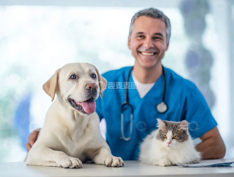 高清大图下载【趣麦麦图】兽医与宠物狗猫在诊所内微笑合影
