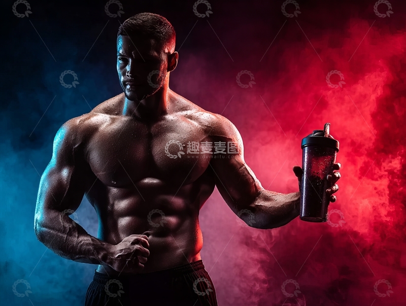 高清大图下载【趣麦麦图】肌肉发达的男子手持蛋白粉摇杯背景为红蓝烟雾