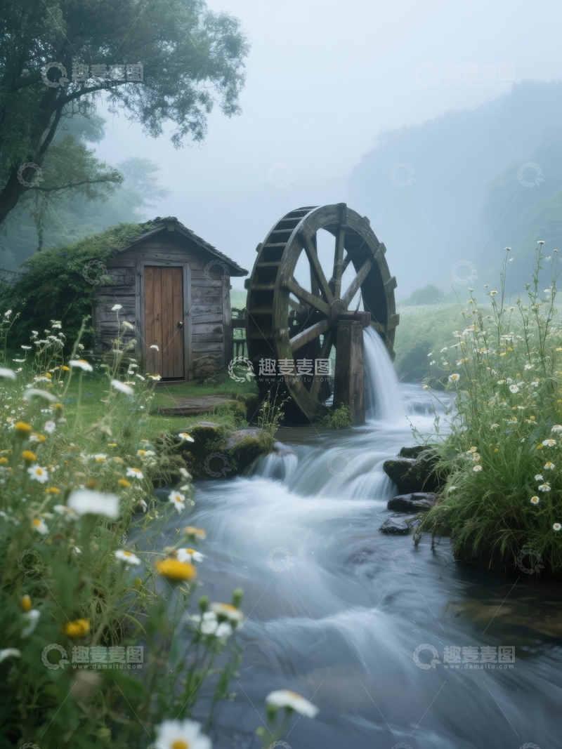 高清大图下载【趣麦麦图】雾气缭绕的水车旁小屋流水潺潺