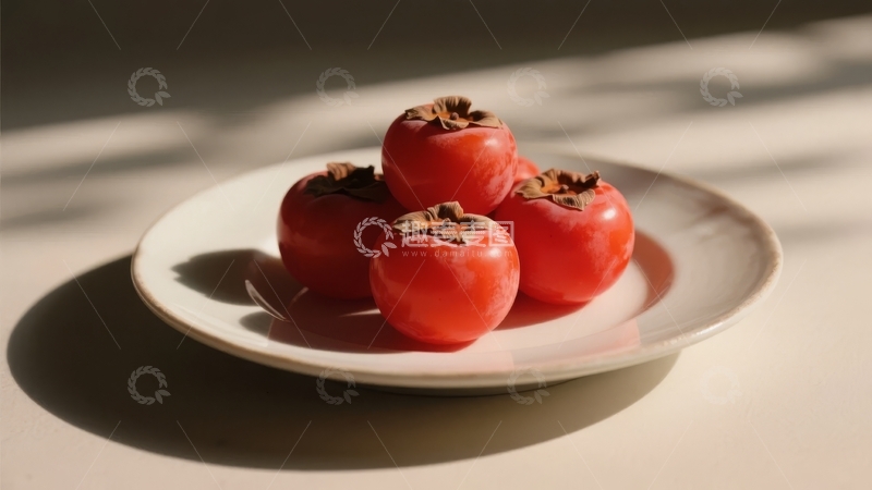 高清大图下载【趣麦麦图】白色盘子上摆放着五个柿子