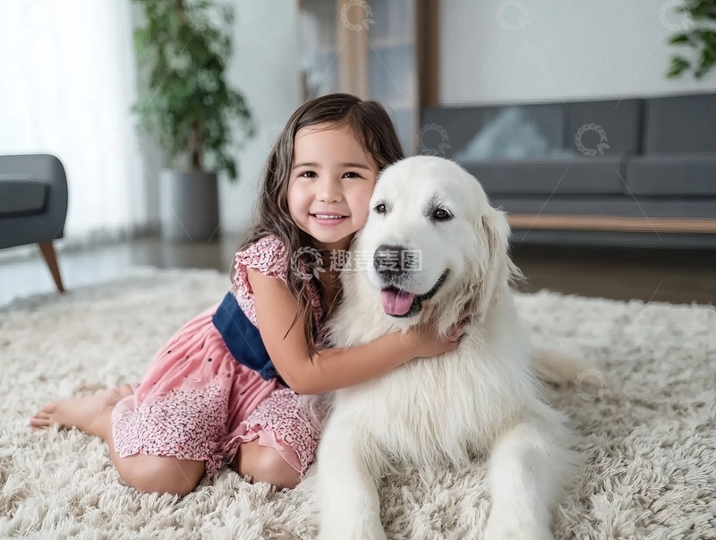 高清大图下载【趣麦麦图】小女孩与白色大狗在室内地毯上亲密互动