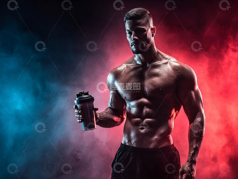 高清大图下载【趣麦麦图】肌肉发达的男子手持蛋白粉摇杯站在彩色烟雾背景前