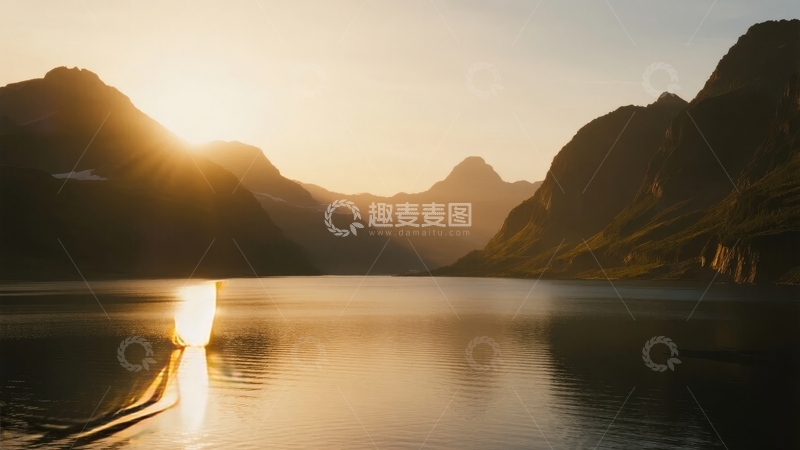 高清大图下载【趣麦麦图】日落时分山脉倒映在平静湖面上的壮丽景色