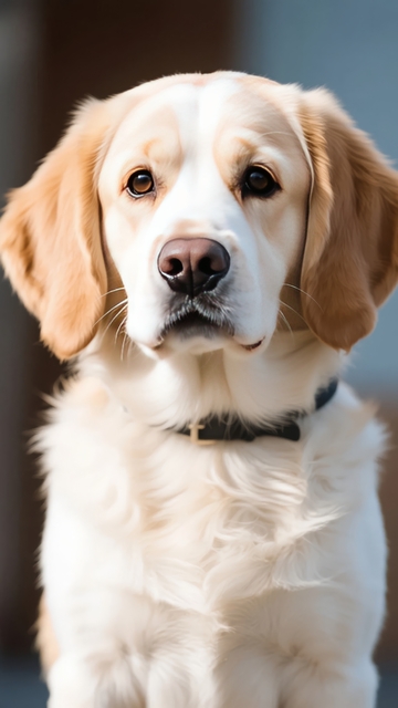 一只戴着黑色项圈的浅棕色和白色相间的狗的特写肖像