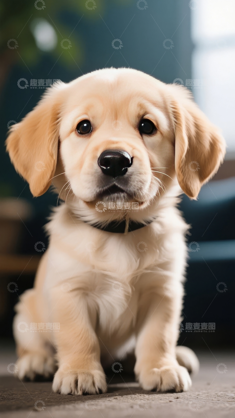 高清大图下载【趣麦麦图】一只戴着黑色项圈的金毛幼犬正好奇地注视前方