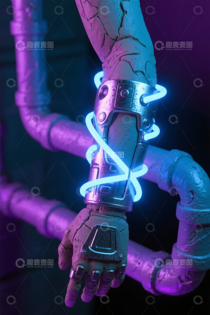 高清大图下载【趣麦麦图】机械手臂缠绕发光管线置于工业管道背景中