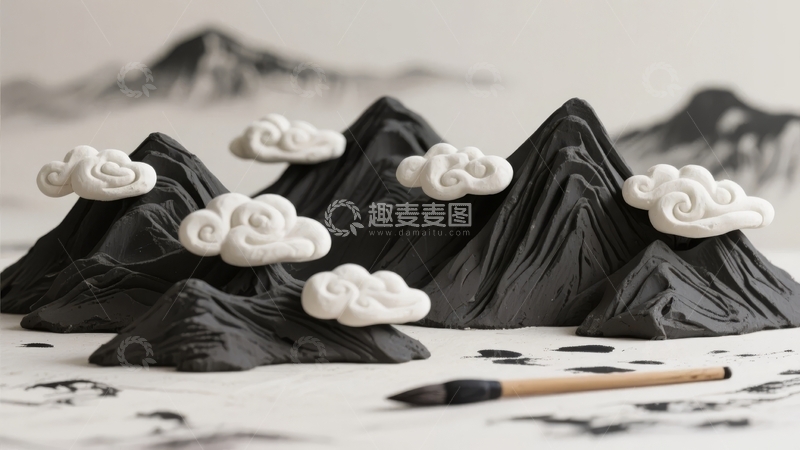 高清大图下载【趣麦麦图】手工制作的山峦云朵模型与毛笔静物摆拍