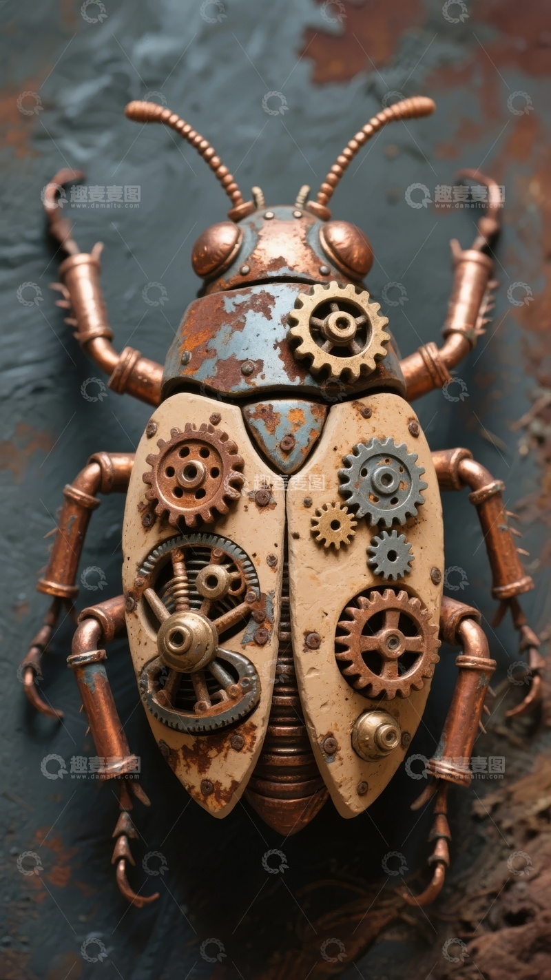 高清大图下载【趣麦麦图】机械风格甲虫艺术品展示齿轮与金属质感细节