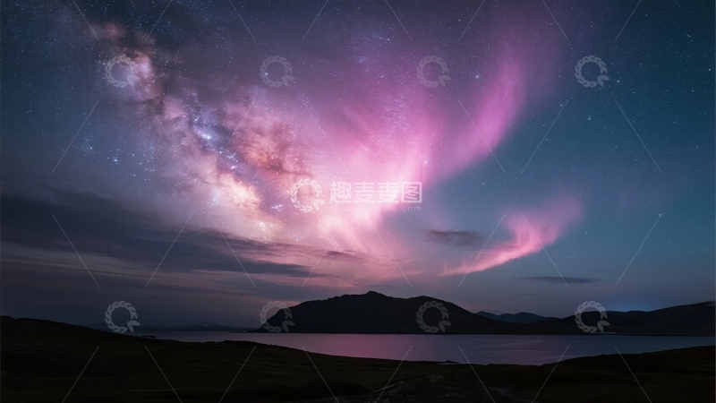高清大图下载【趣麦麦图】夜空中绚丽极光映照山峦与水面