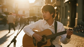 街头夕阳下一位青年弹奏吉他