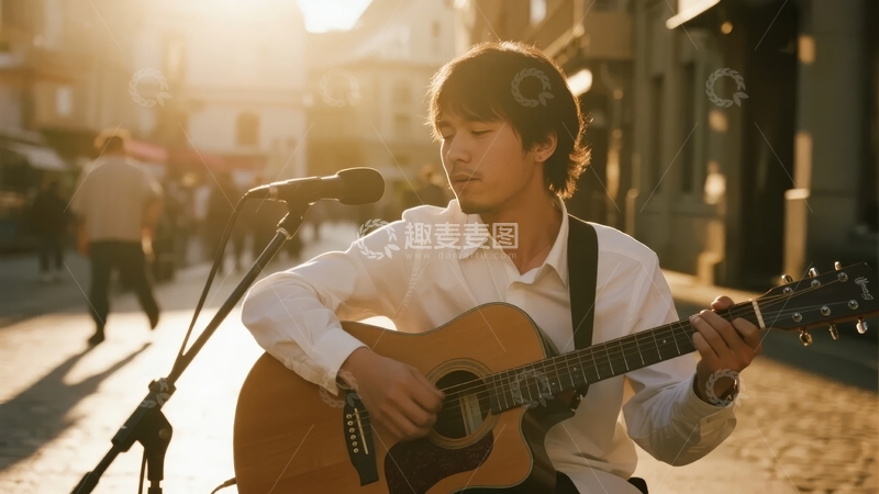 高清大图下载【趣麦麦图】-街头夕阳下一位青年弹奏吉他