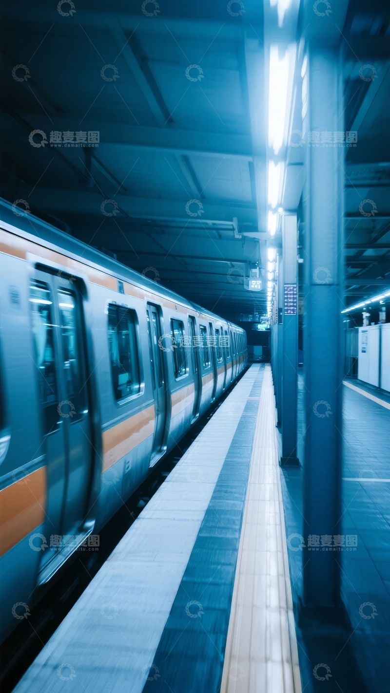 高清大图下载【趣麦麦图】地铁站台列车停靠蓝色灯光照明