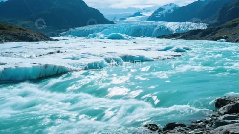 高清大图下载【趣麦麦图】冰川融水湍急流动形成碧蓝河流的自然景观