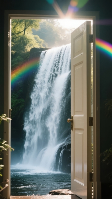敞开的门后是瀑布与彩虹的自然美景