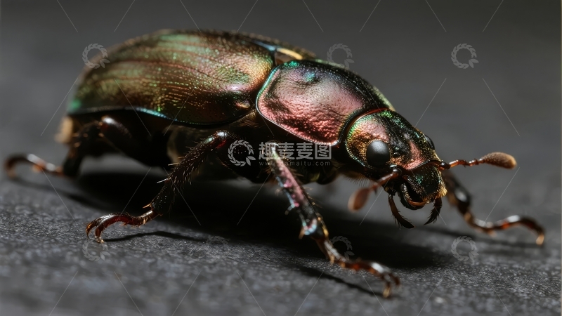 高清大图下载【趣麦麦图】一只色彩斑斓的甲虫在深色表面上爬行
