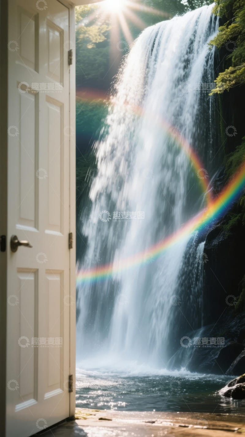 高清大图下载【趣麦麦图】敞开的门后是瀑布与彩虹的自然美景