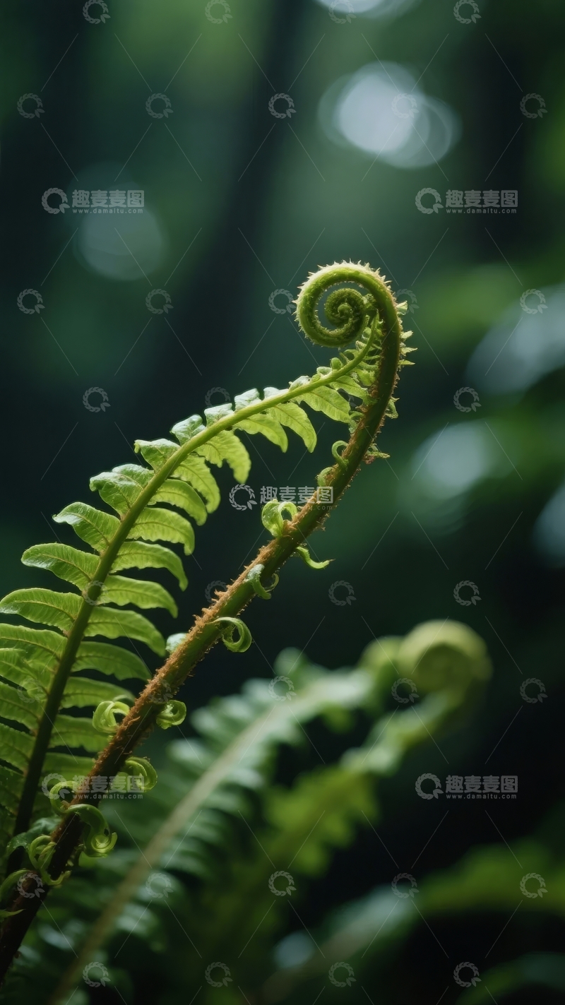 高清大图下载【趣麦麦图】翠绿蕨叶在朦胧森林背景中舒展生机