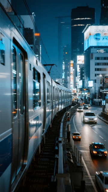 夜晚城市街道地铁列车行驶与车辆通行