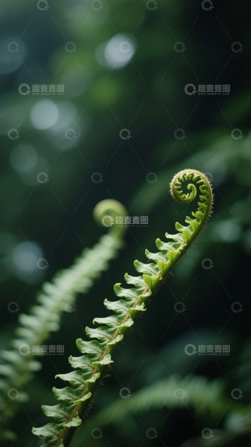 高清大图下载【趣麦麦图】翠绿蕨类植物卷曲嫩芽特写