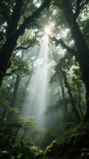 阳光穿透雾气森林树冠洒下神秘光芒