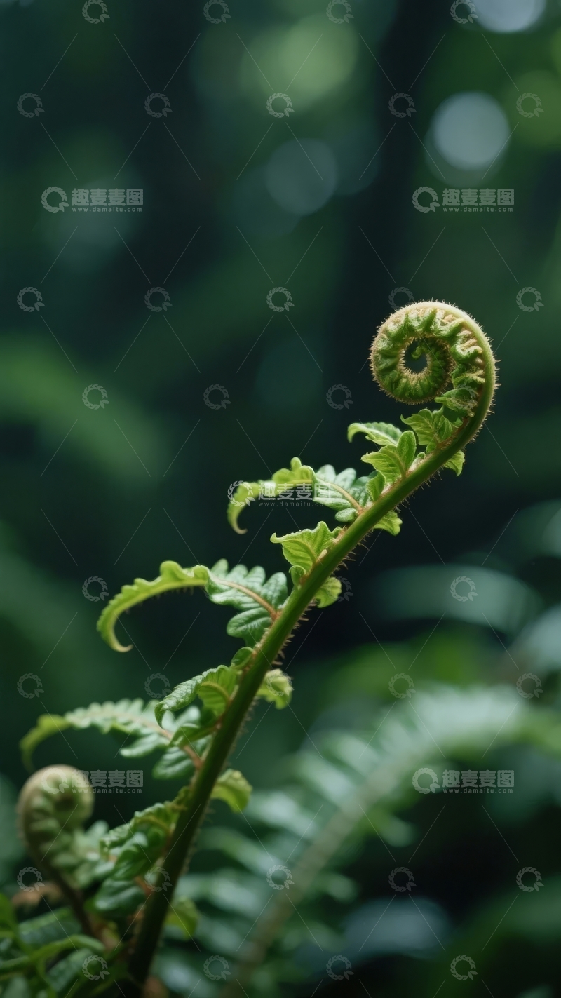 高清大图下载【趣麦麦图】翠绿蕨叶卷曲新生于朦胧森林之中