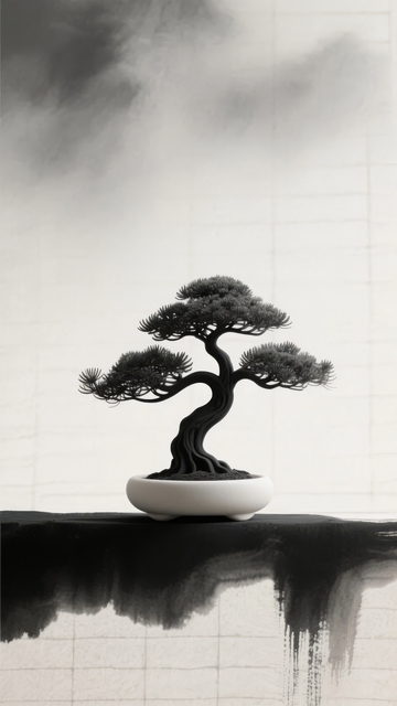 黑白照片中一盆置于墙边的精致盆景树