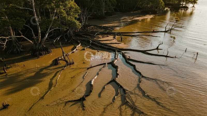 高清大图下载【趣麦麦图】日落时分滩涂上裸露的树根与浅水交织的自然景象