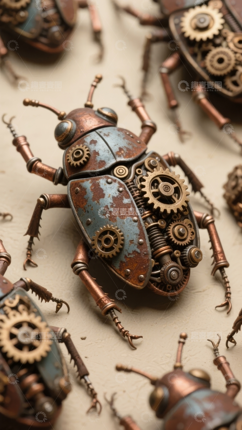 高清大图下载【趣麦麦图】机械风格的昆虫雕塑展示齿轮与金属质感细节