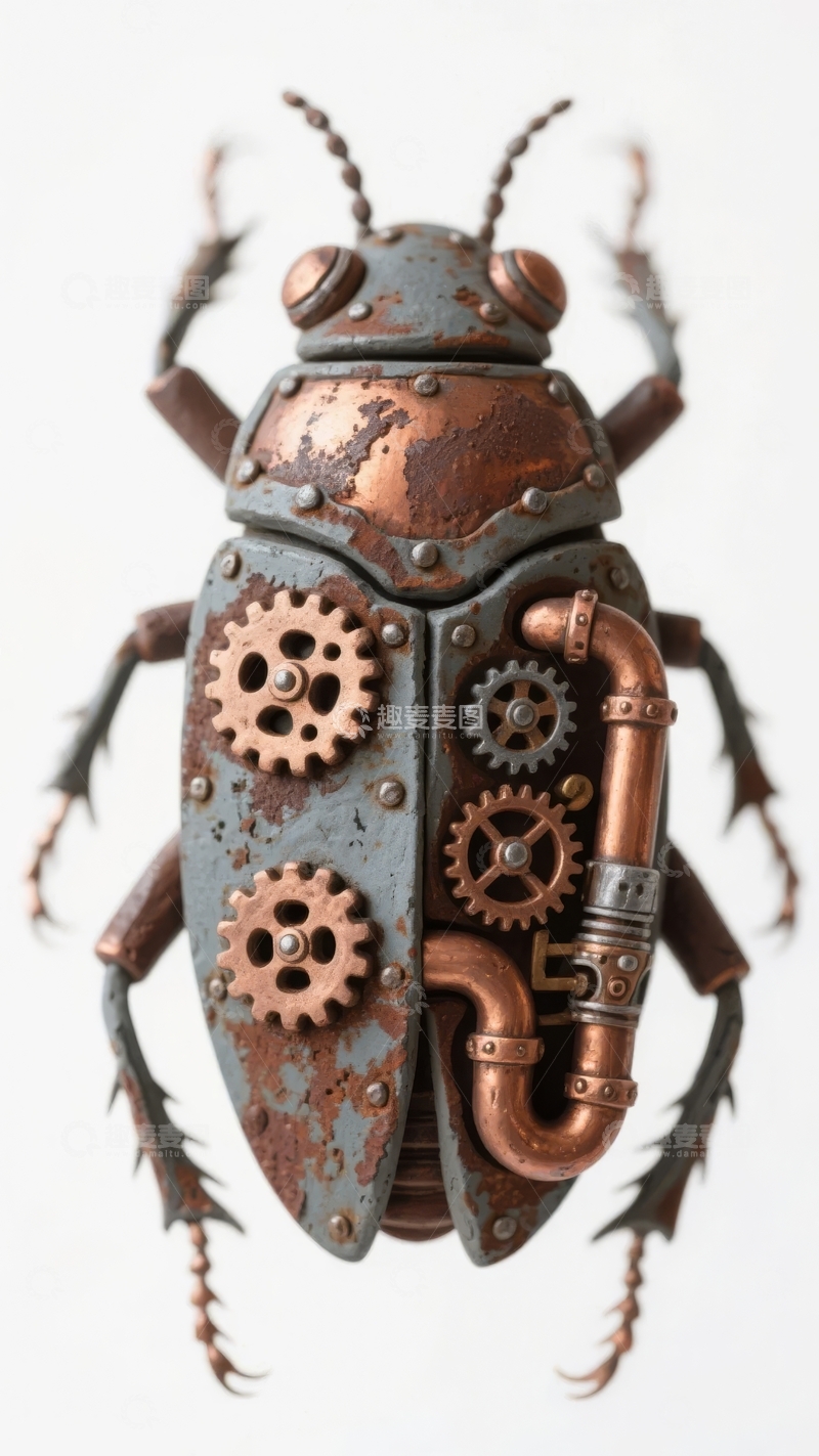 高清大图下载【趣麦麦图】机械风格金属甲虫雕塑展示齿轮与管道细节
