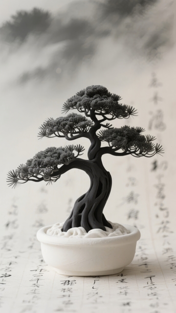 黑白色调盆景树置于书法背景之上