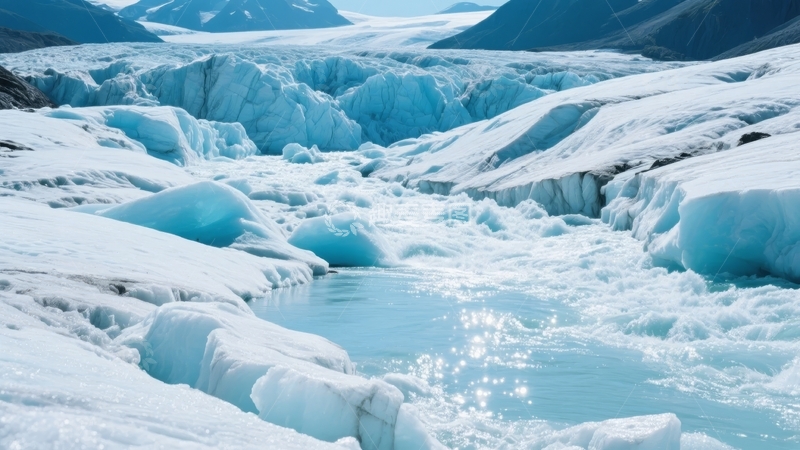 高清大图下载【趣麦麦图】冰川融水形成蓝色溪流与冰雪景观
