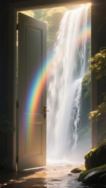 敞开的门通向瀑布彩虹的奇幻自然景观