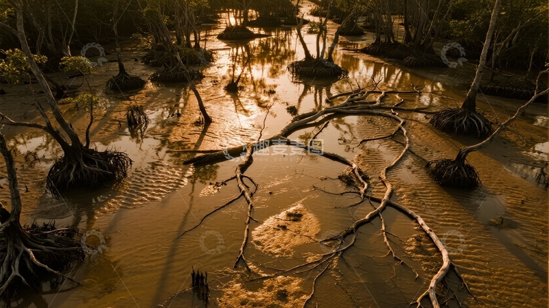高清大图下载【趣麦麦图】夕阳下红树林湿地的倒影与枯木景象