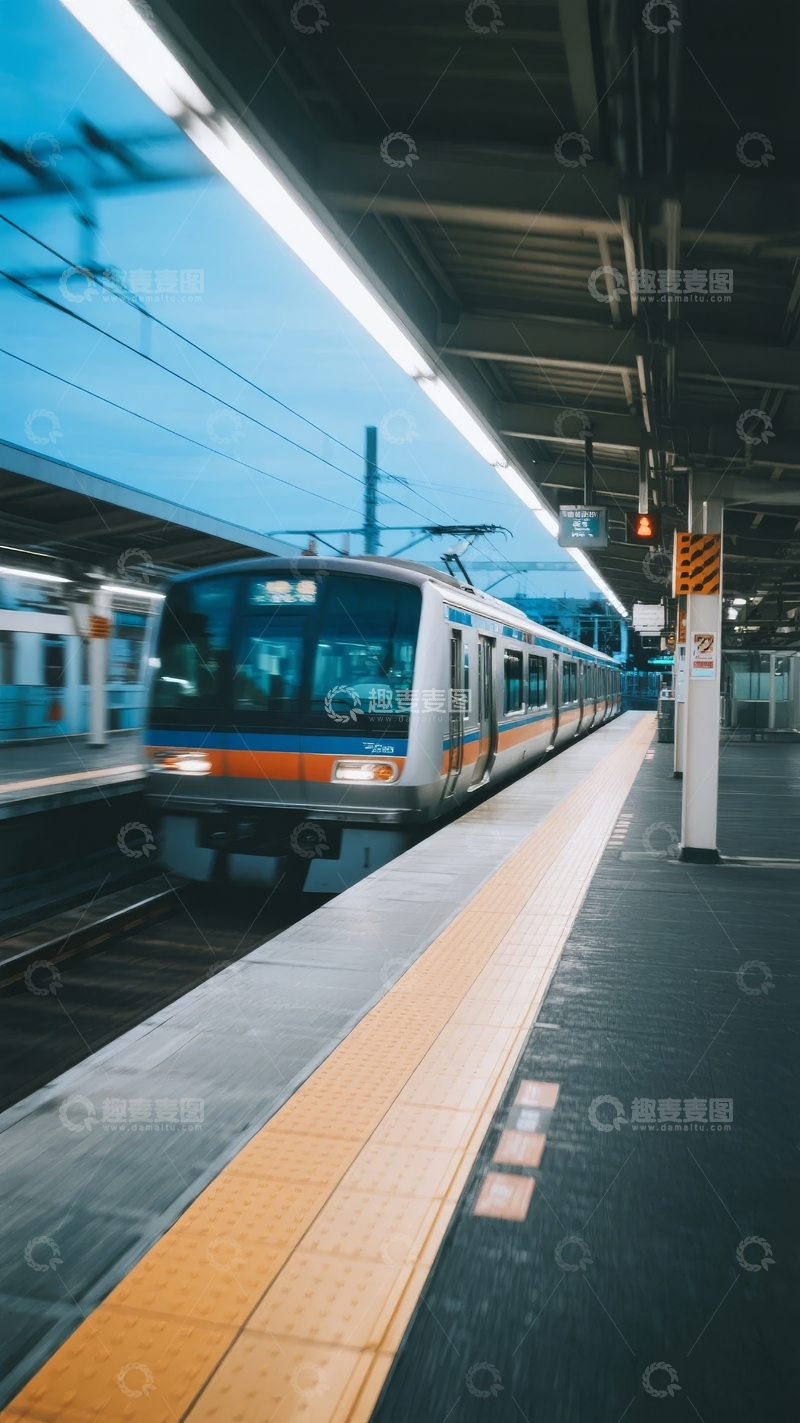 高清大图下载【趣麦麦图】傍晚时分城市地铁站台列车驶过