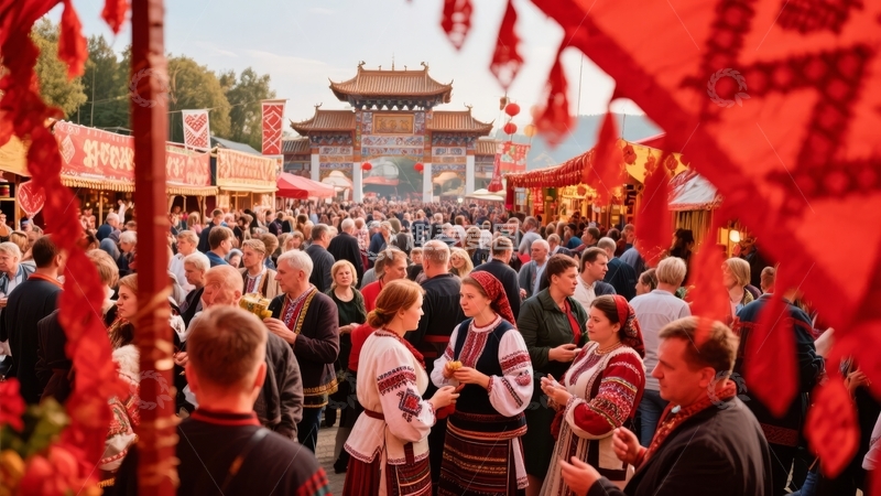 高清大图下载【趣麦麦图】众多游客在传统建筑前的热闹节庆市场