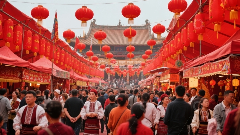 高清大图下载【趣麦麦图】热闹的节庆街道上人群熙攘挂满红灯笼